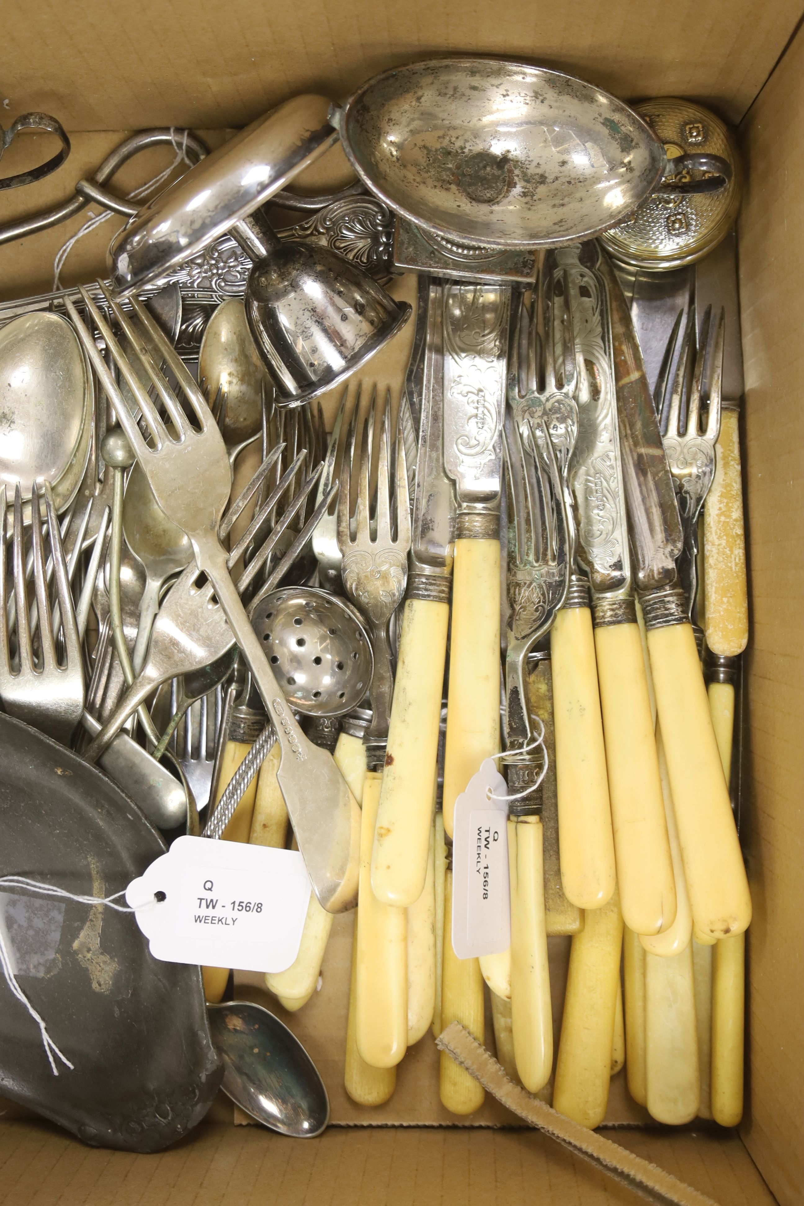 A cased set of plated and mother of pearl-handled fruit eaters and miscellaneous plated flatware and other items